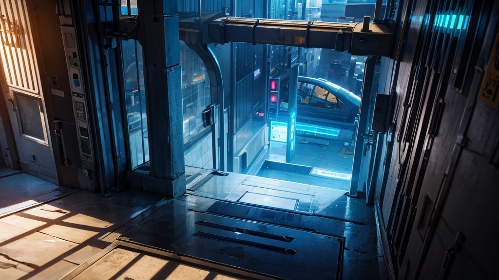 create a scene around the entrance to a port. This port is in a futuristic and technologically advanced city. the port is abandoned.  the scenario must be role-playing and viewed from above.