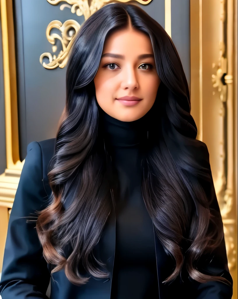 a beautiful woman with long hair wearing a black jacket and a black shirt and a black jacket and a black shirt masterpiece, ultra realistic, 8K, elaborate, high qualiy, and her face appearing!