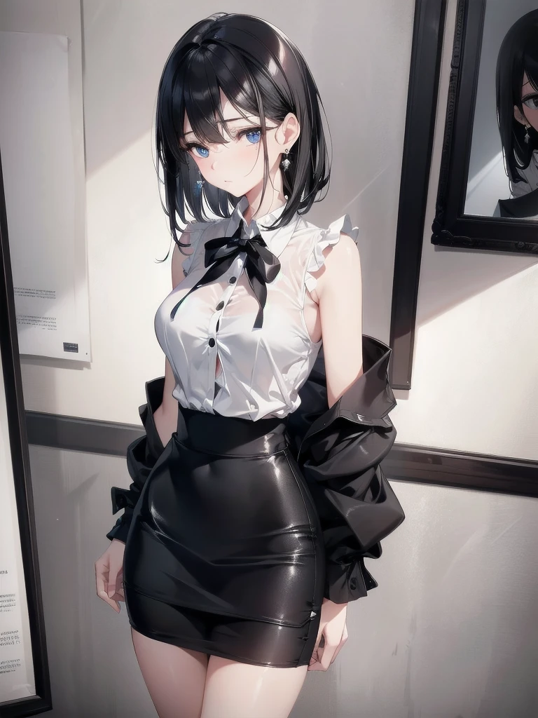 absurdres, RAW photo, extremely delicate and beautiful, masterpiece, Best Quality, ultra high resolution, 32k, hyperrealistic, ultra-detailed, in her 20s, delicate facial features, tearful mole, earring, medium breasts, full body shot, shorter middle black hair, short pencil skirt, button up shirt, black shirt, sleeveless,