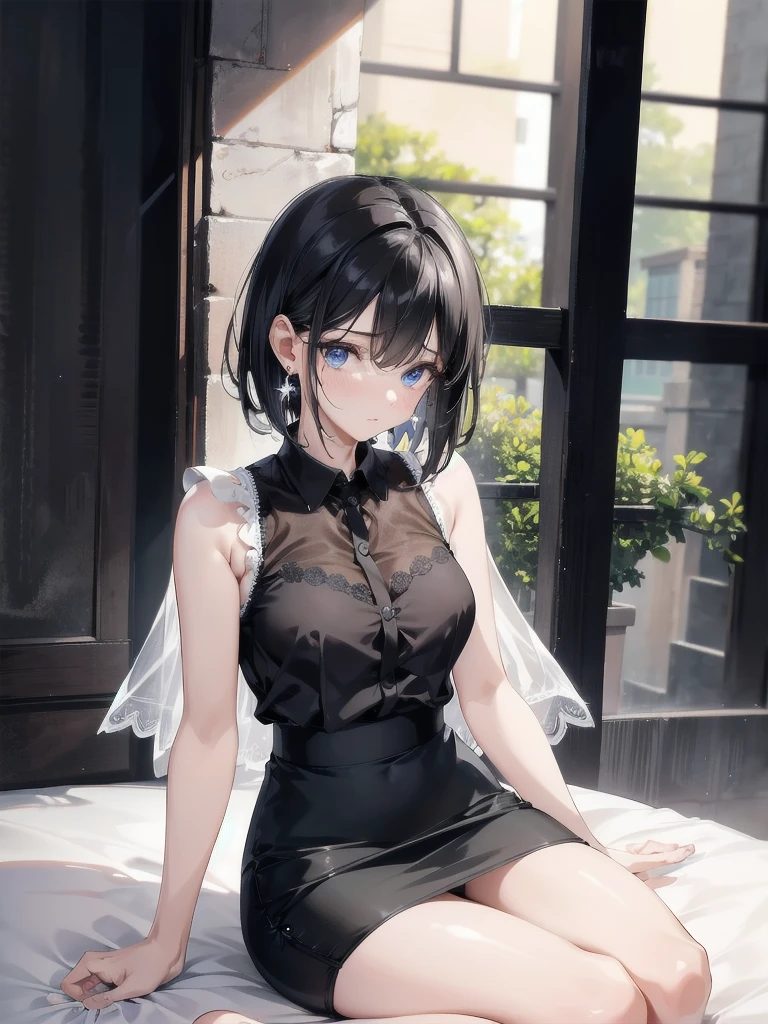 absurdres, RAW photo, extremely delicate and beautiful, masterpiece, Best Quality, ultra high resolution, 32k, hyperrealistic, ultra-detailed, in her 20s, delicate facial features, tearful mole, earring, medium breasts, full body shot, shorter middle black hair, short pencil skirt, button up shirt, black shirt, sleeveless,