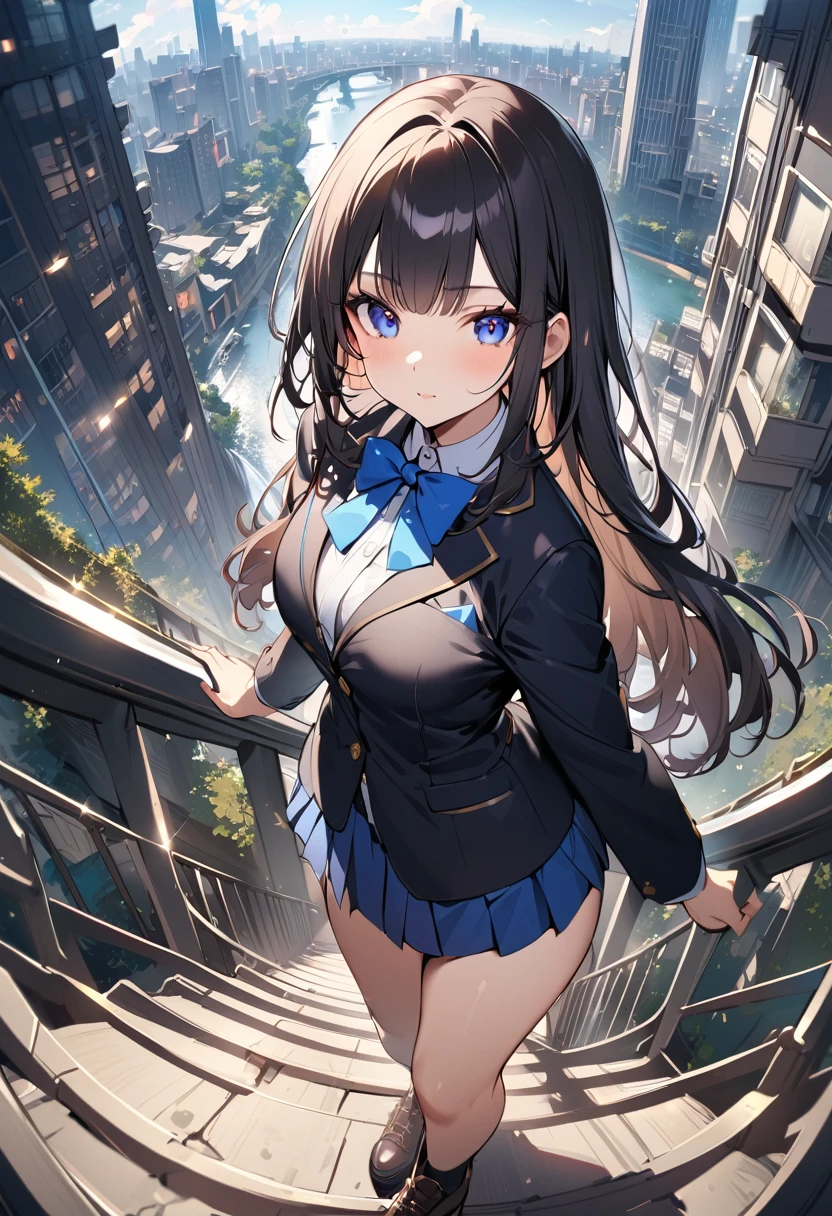 1 girl, long hair, black hair, straight hair, short bangs above brows,
BREAK (masterpiece), (high resolution 8K), cinematic lighting, professional lighting, detailed eyes and face, detailed body, 
BREAK , blazer, white shirt, blue bowtie, pleated skirt, 
BREAK fisheye, from below, cute girl walking, gazing at a crumbling cityscape of towering buildings and highways from a stairway,(overlooking:1.3),river,waterfall,valley, blue sky,looking at viewer,magnificent view,lens flare, cowboy shot