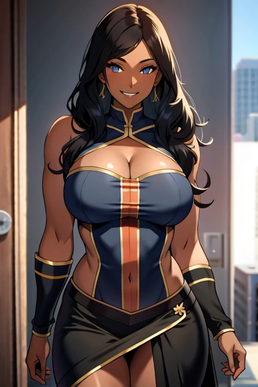 long black hair, colored skin, brown skin, blue eyes, solo, smiling, standing, upper body, hips, gigantic breasts, black clothes, cleavage