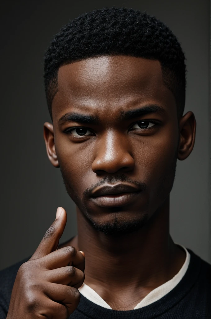 Serious expression boy and black skin sticking with his finger up