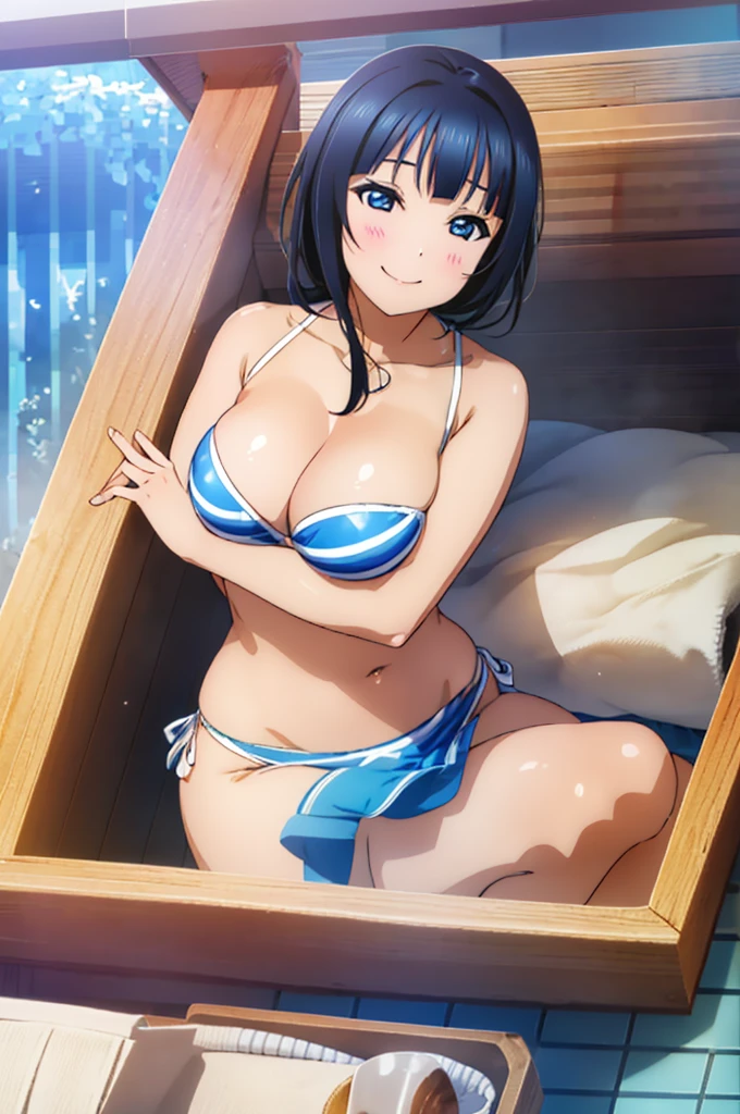 (((pixel-perfect, detail-perfect))), solo, 1girl, Karin asaka, smile, eyes azzur, hair blue, sauna, armpit, bikini, large extreme filesize, ultra High Qality