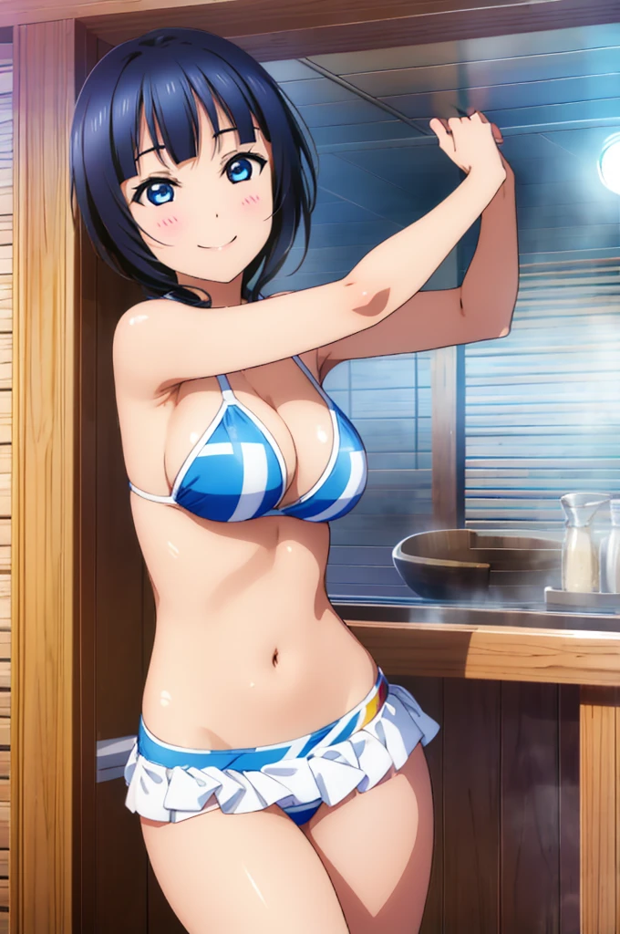 (((pixel-perfect, detail-perfect))), solo, 1girl, Karin asaka, smile, eyes azzur, hair blue, sauna, armpit, bikini, large extreme filesize, ultra High Qality