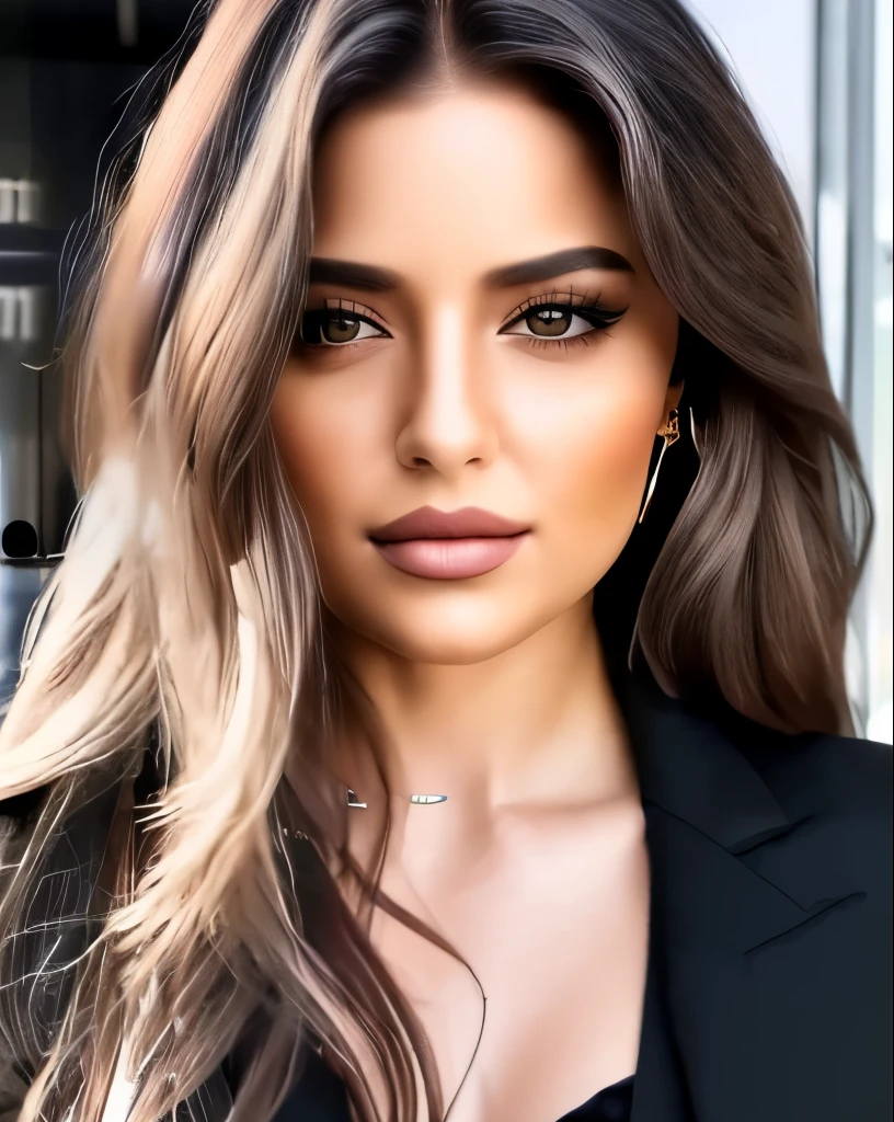 a beautiful woman with long hair wearing a black jacket and a black shirt and a black jacket and a black shirt masterpiece, ultra realistic, 8K, elaborate, high qualiy, and her face appearing!