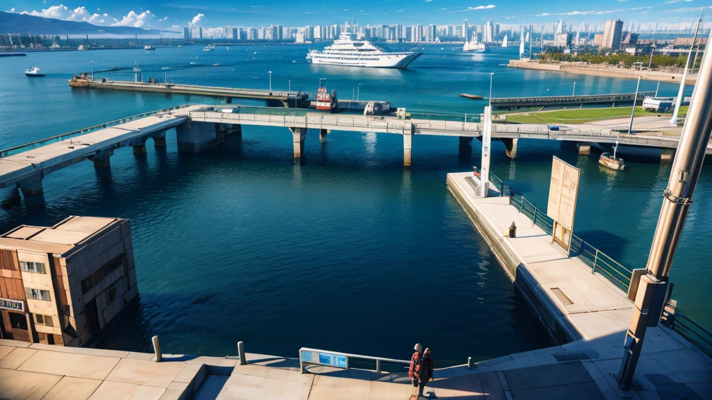 create a scene around the entrance to a port. This port is in a futuristic and technologically advanced city. the port is abandoned.  the scenario must be role-playing and viewed from above.