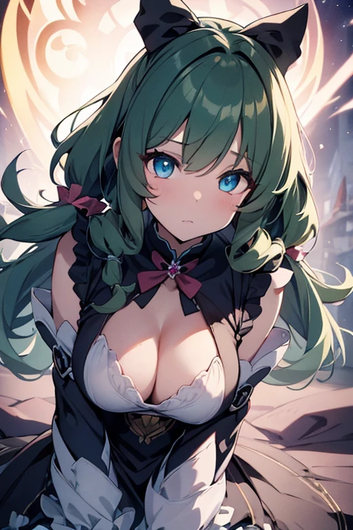(dynamic angle:1.3, front view:1.1, breast focus:1.3, from above:1.1), (((Masterpiece))),(((Super Detail))),(((in 8K))),(((best composition))),(((Rim lighting,Fireglow effect,deep shadow))),solo),Beautiful fingers,Detailed finger features,(Detailed hair features:1.7),(Dynamic and sexy bending pose:1.3),detailed facial features,detailed clothes features, (perky chest:1.1), (pointed chest:1.3), delicate beautiful face, Bright blue eyes, cute eyes, sparkling eyes, Big eyes, beautiful detailed eyes,(masterpiece), (best quality), detailed, 1 girl, soro, twintails, long wavy hair twintails.hairs between eyes,dark green eyes ,dark green hair, (magical girl:1.2), bow, dress, (pink:0.6), over legwear, boots, too many frills, too many bow, standing,striped panties.magical stick, mechanical stick, magic cercle, flying,