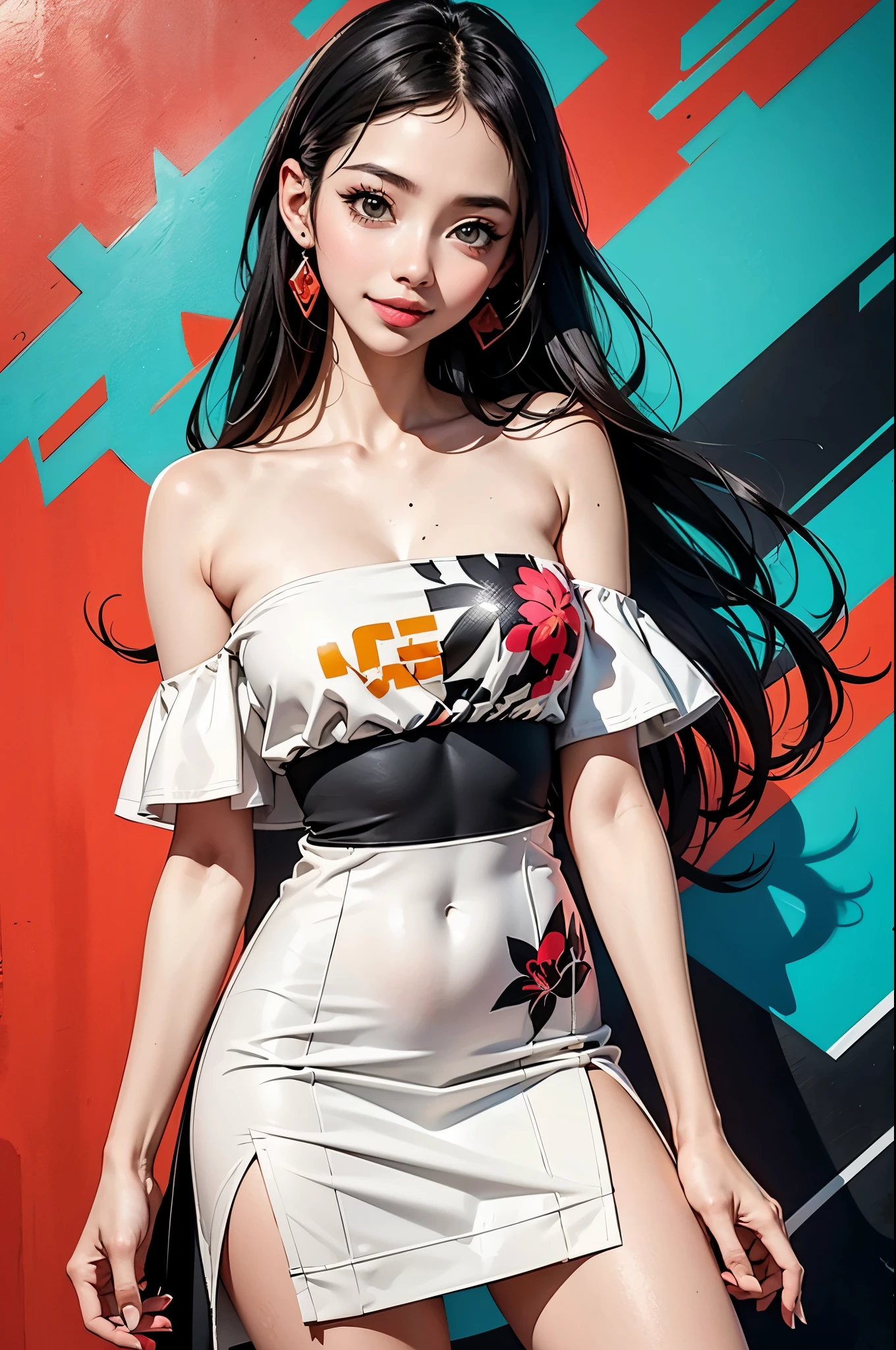 Flat Illustration artwork, ((Angelababy)) in a strapless dress standing in front of simple background, up close, wear dark sunglasses, korean pop-star, big smile, black hair, pretty hands, fringe, simple red background, palm trees, (graffiti wall:1.2), ((Art style by Patrick Nagel)), ((8k, wallpaper, detailed)), strong, courageous, art by Patrick Nagel, music album art cover