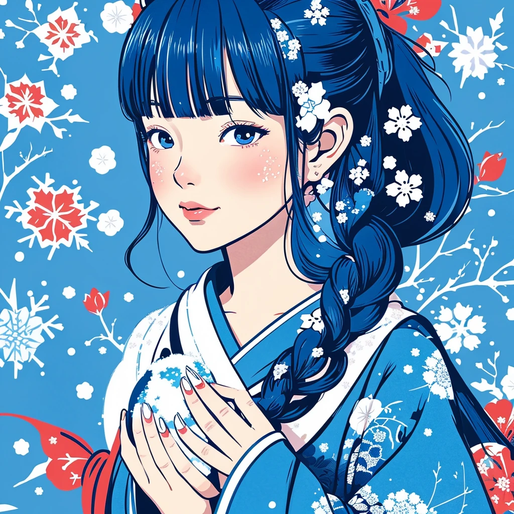 Illustration style、ukiyoe paiting、Showa Anime、naughty woman、snow、sensitive, blue kimono with snow pattern