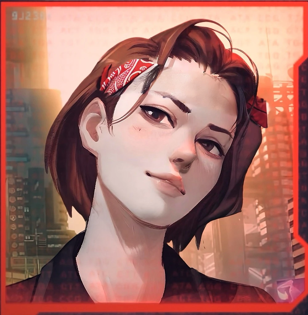 Red patterned bandana correctly wrapped around head and through hair