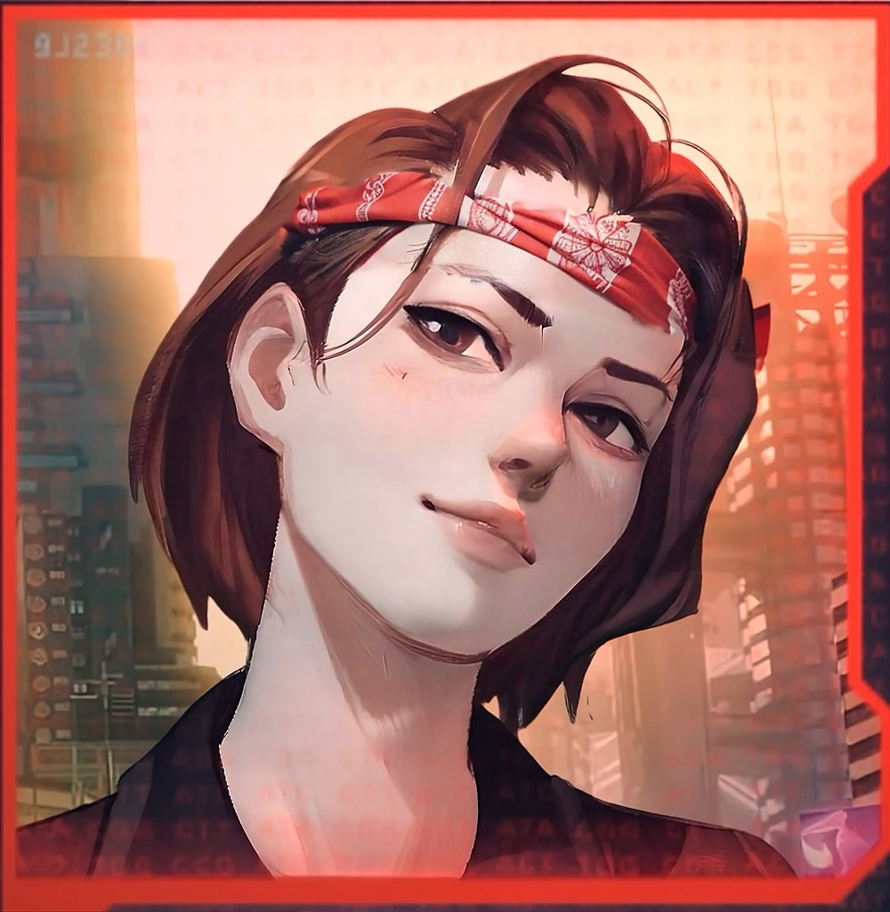 Red patterned bandana correctly wrapped around head and through hair