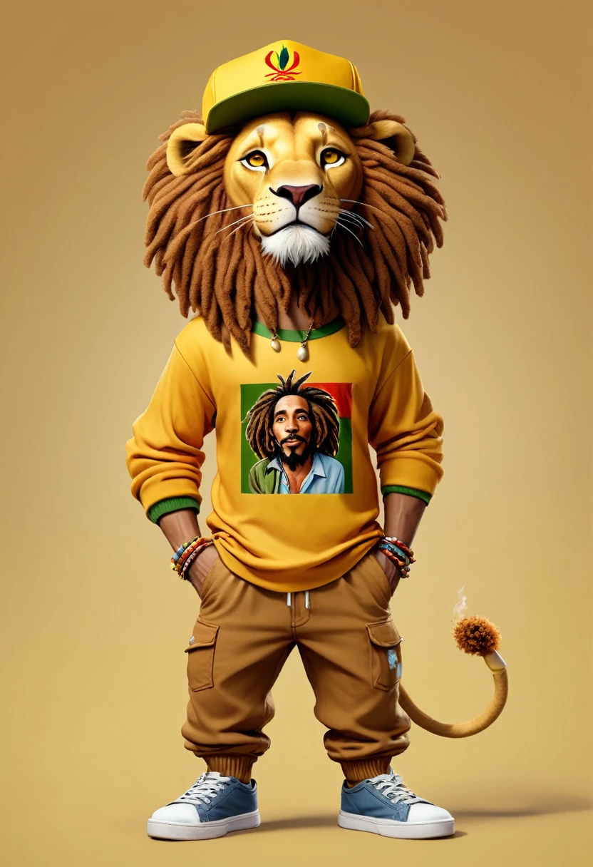 Create an ocher lion character, with anthropomorphism, wearing baggy pants and a bob marley shirt, wearing a cap and smoking a cigarette
