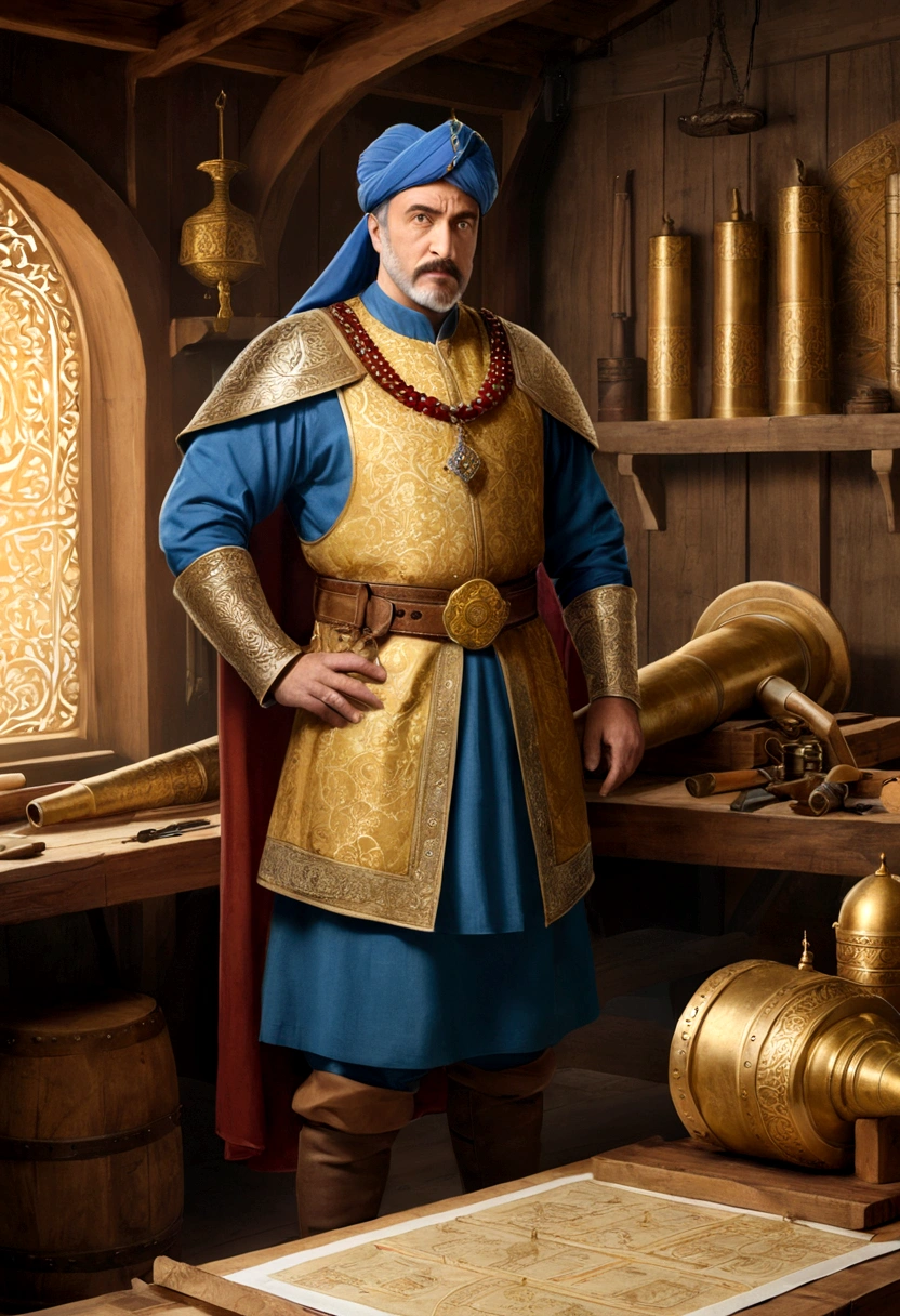 {
"prompt": "A detailed image of a Hungarian engineer, dressed in medieval attire with a serious expression, showcasing a blueprint of a massive cannon to Sultan Mehmed II. The engineer stands in front of a wooden table filled with tools and diagrams. Mehmed II, in luxurious golden armor and a royal robe, listens intently. The background shows a medieval workshop with an air of innovation and strategic planning.",
"size": "1024x1024"
}