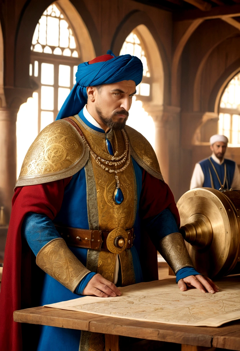 {
"prompt": "A detailed image of a Hungarian engineer, dressed in medieval attire with a serious expression, showcasing a blueprint of a massive cannon to Sultan Mehmed II. The engineer stands in front of a wooden table filled with tools and diagrams. Mehmed II, in luxurious golden armor and a royal robe, listens intently. The background shows a medieval workshop with an air of innovation and strategic planning.",
"size": "1024x1024"
}