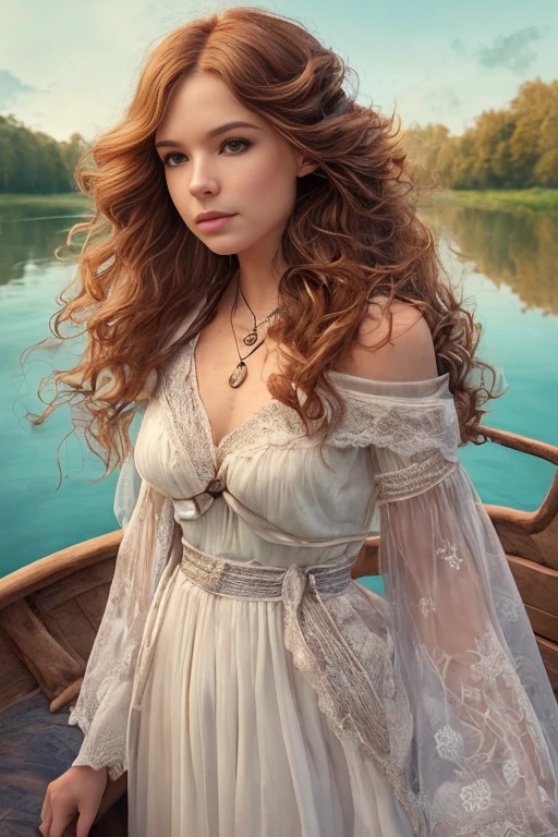 Ridiculous quality. Natural light. Hyperrealism. Great illustrations. Redhead girl with long curly hair and rose tattoo on shoulder and forearm, Wearing a white dress, Pentagram pendant around neck. She has one eye of each color: Right is green, Blue on the left. witch style, pagan, Celtic, At the bow of a small boat crossing a river shrouded in mist. Medieval style, Former Scottish, Avalon, 5th century.