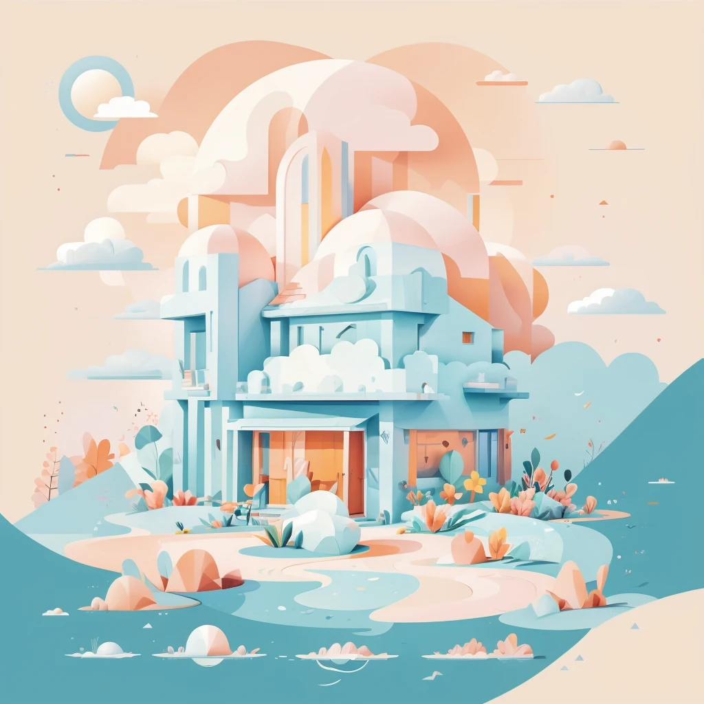 Abstract summer illustratin, minimal, vector, combination of natural and geometric, two-dimensional, using more color code 00CCCC tone, pastel color