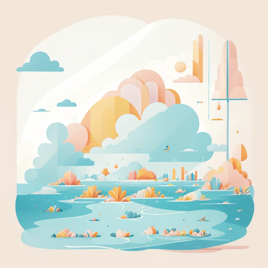 Abstract summer illustratin, minimal, vector, combination of natural and geometric, two-dimensional, using more color code 00CCCC tone, pastel color