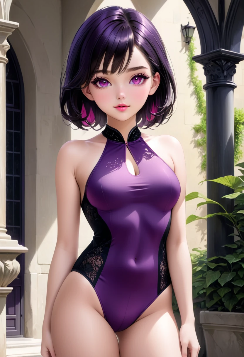 ((highest quality)),(ultra high resolution),(Super detailed),(detailed description),((best CG)),(best work of art),super precision art, great drawing art,(Art with precise details:1.5), (1 young girl:1.5), beautiful and well-shaped face:1.5,(Beautiful skin with precise and detailed depiction:1.6),(sleeveless halter neck sports bra, elastic waist band shorts ),gorgeous, masterpiece, best quality, high-resolution, finely detailed, extremely detailed and beautiful, distinct-image, 1 girl, , solo, sharp facial features, oval shaped face. cherry pink lips, lightly tanned white skin. velvet-colored eyes, C-cup breasts, tall height(175cm), slim yet chiseled body type, short shoulder length dark violet-black hair, small narrow waist, long and slender legs, curvy wide hips, elegant gothic courtyard setting