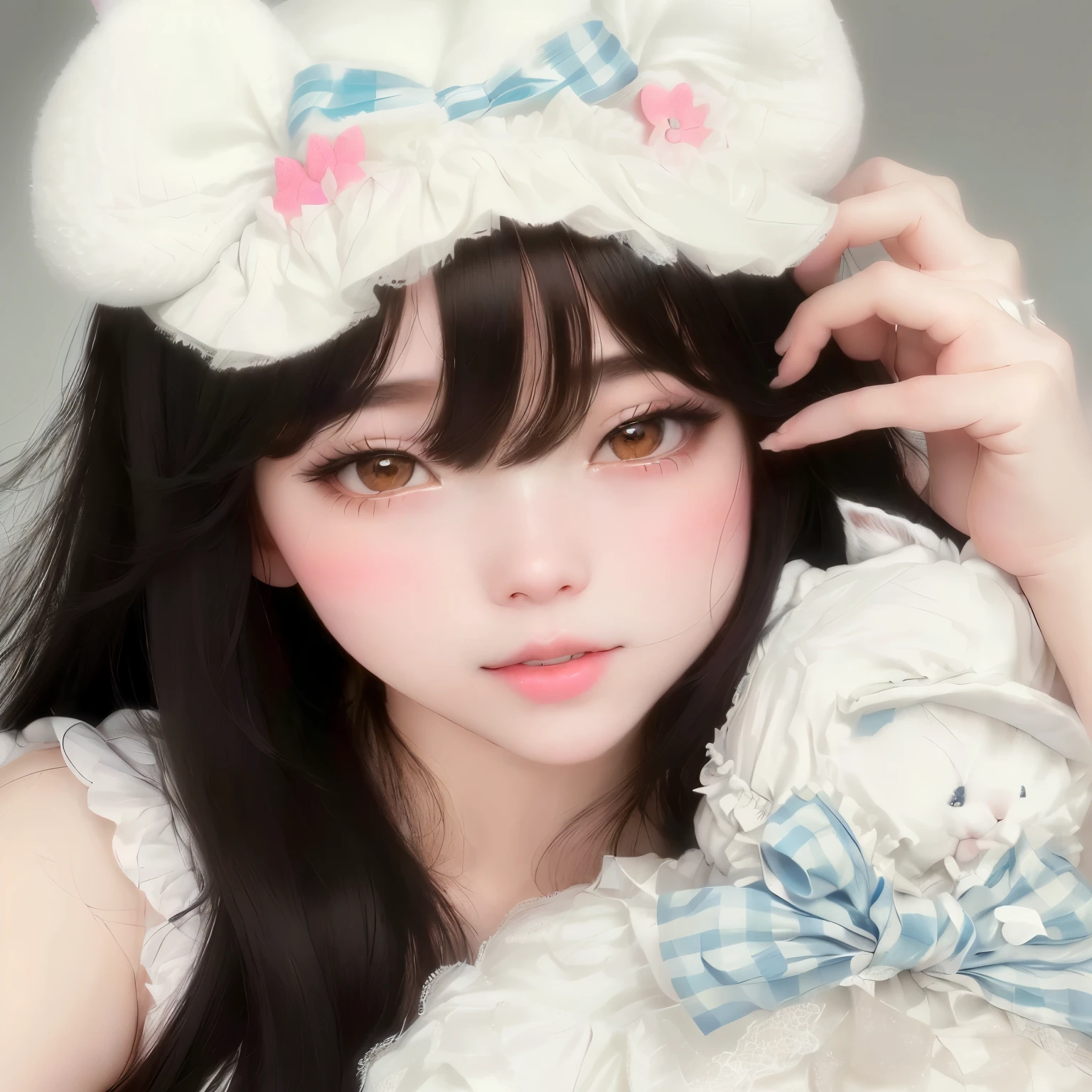 araffe girl with a white hat and a white teddy bear, belle delphine, cute kawaii girl, cute natural anime face, very beautiful cute catgirl, ulzzang, with bunny ears, kawaii realistic portrait, ultrarealistic sweet bunny girl, with bunny rabbit ears, dilraba dilmurat, pale snow white skin, girl with cat ears