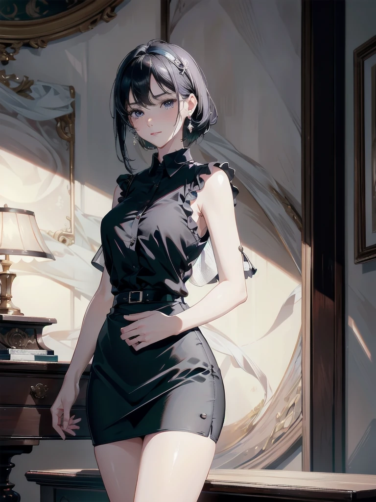 absurdres, RAW photo, extremely delicate and beautiful, masterpiece, Best Quality, ultra high resolution, 32k, hyperrealistic, ultra-detailed, in her 20s, delicate facial features, tearful mole, earring, medium breasts, full body shot, shorter middle black hair, short pencil skirt, button up shirt, black shirt, sleeveless,