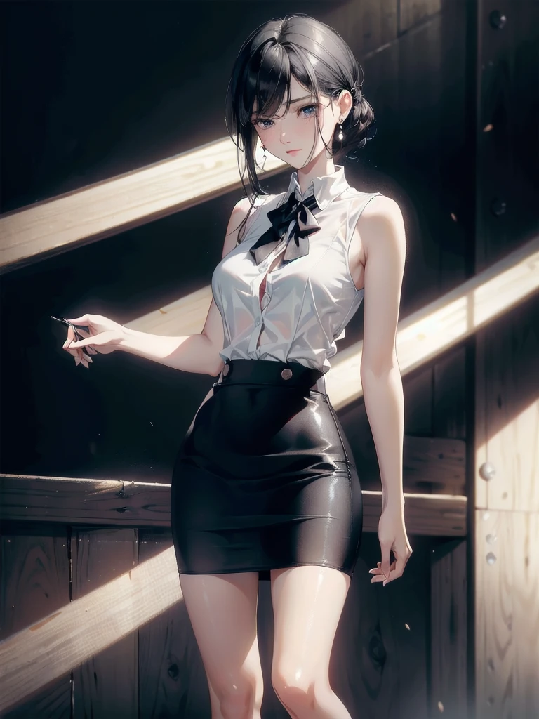 absurdres, RAW photo, extremely delicate and beautiful, masterpiece, Best Quality, ultra high resolution, 32k, hyperrealistic, ultra-detailed, in her 20s, delicate facial features, tearful mole, earring, medium breasts, full body shot, shorter middle black hair, short pencil skirt, button up shirt, black shirt, sleeveless,