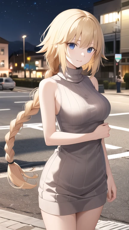 masterpiece, best quality, highres, aajd, long hair, single braid, long braid, sweater dress, ribbed sweater, sleeveless, standing, cowboy shot, night, street,