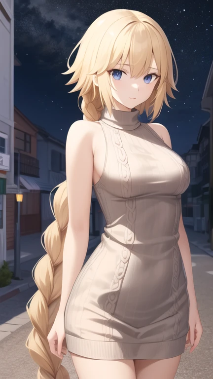 masterpiece, best quality, highres, aajd, long hair, single braid, long braid, sweater dress, ribbed sweater, sleeveless, standing, cowboy shot, night, street,