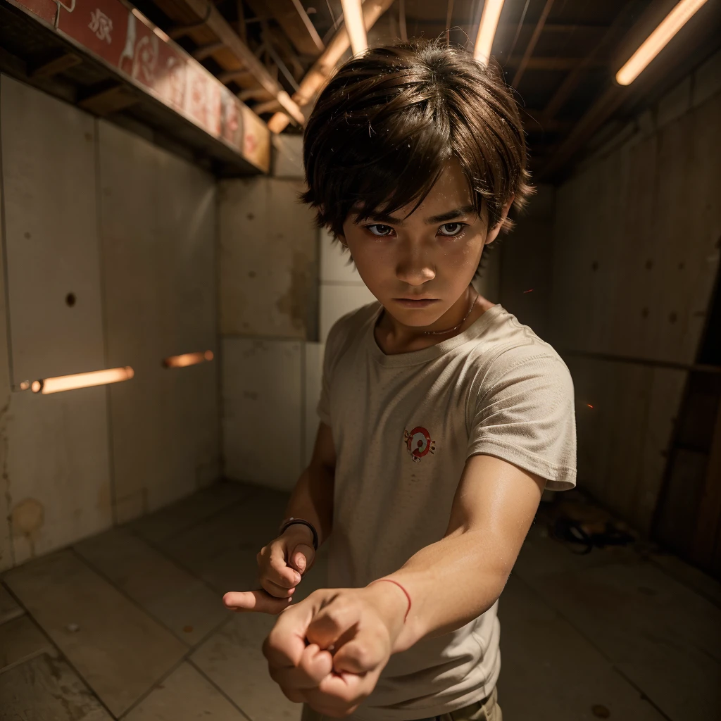 ((Best Quality)), ((Masterpiece)), (detailed, ((anime)) a 15 year old anime protagonist standing with a tired look but showing determination and a small red aura emanating from around his fists, and that he is in a position to give another blow with his fists, while around the protagonist there is destruction.