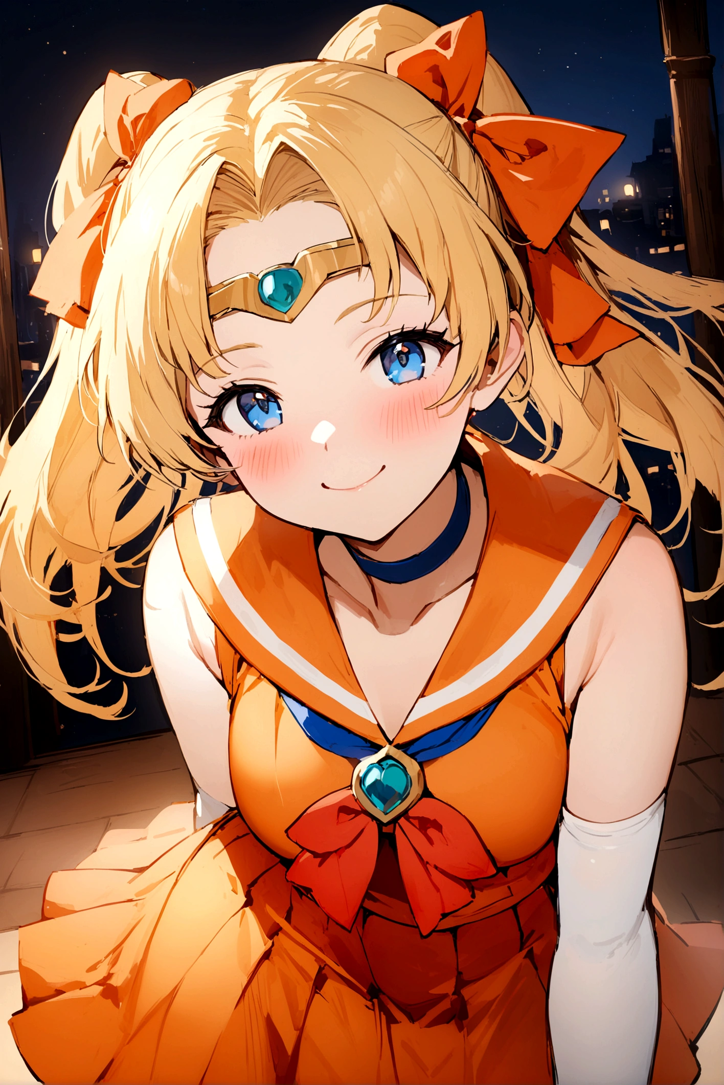 One girl, EPsm Sailor Venus, (Long blonde hair, blue eyes, blush, Sailor Warrior Uniforms, White elbow gloves, Hair Ribbon, Circlet, choker, Orange Skirt, Orange sailor collar, Medium chest:1.2), Cute pose, justice, night, smile, masterpiece, Highest quality, detailed background, Intricate details, detailed 