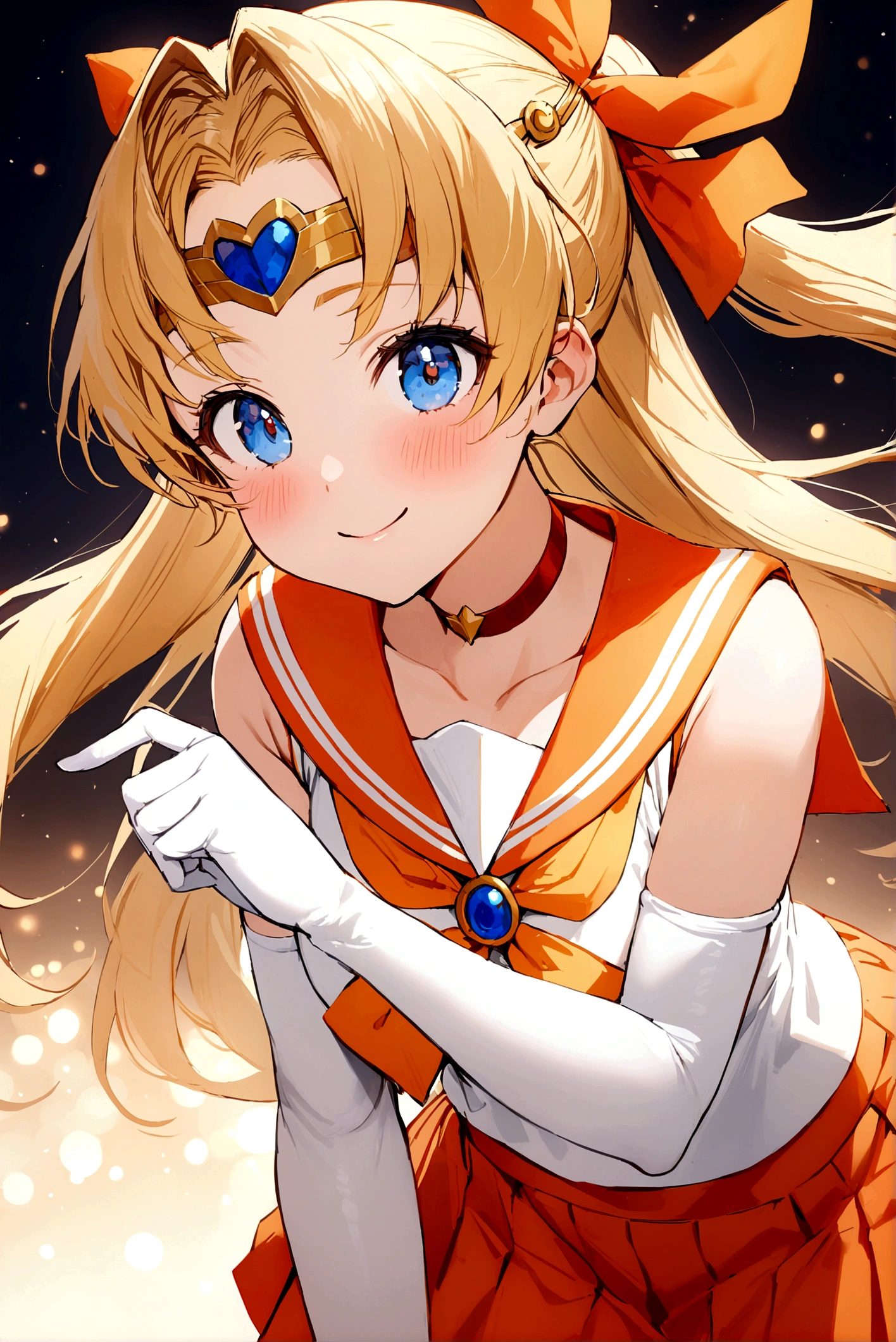 One girl, EPsm Sailor Venus, (Long blonde hair, blue eyes, blush, Sailor Warrior Uniforms, White elbow gloves, Hair Ribbon, Circlet, choker, Orange Skirt, Orange sailor collar, Medium chest:1.2), Cute pose, justice, night, smile, masterpiece, Highest quality, detailed background, Intricate details, detailed 