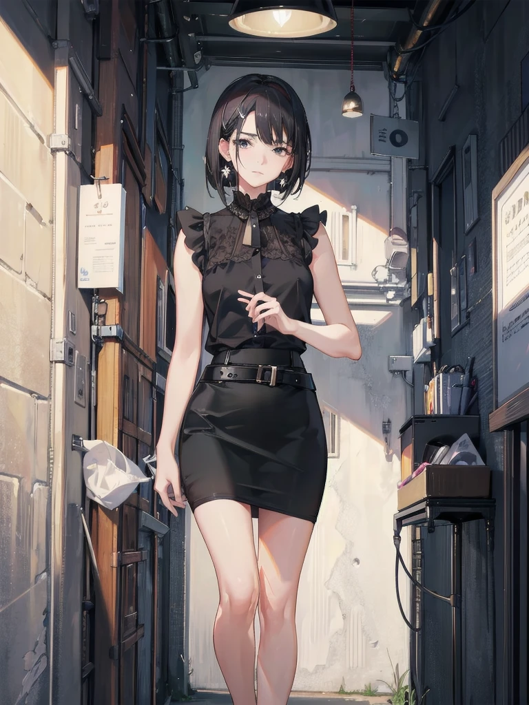 absurdres, RAW photo, extremely delicate and beautiful, masterpiece, Best Quality, ultra high resolution, 32k, hyperrealistic, ultra-detailed, in her 20s, delicate facial features, tearful mole, earring, medium breasts, full body shot, shorter middle black hair, short pencil skirt, button up shirt, black shirt, sleeveless,