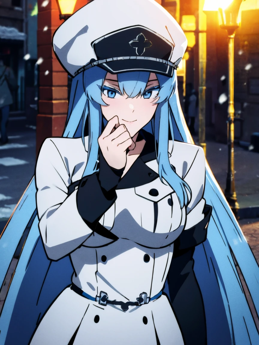 (artwork, best quality) a girl with long blue hair, blue eyes, blue eyelashes, tattoo, big breasts, white sweatshirt with a fluffy hat, (front facing camera), upset, smiling evilly, on a street in Russia, snowing heavily, at night