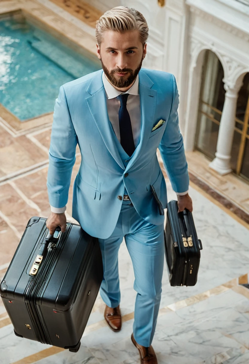 ((best qualityer)), 1 Men, short beard, slightly blonde hair, wearing light blue suit, half of the body seen from above, mansion interior background , holding a suitcase of money in his hand while walking