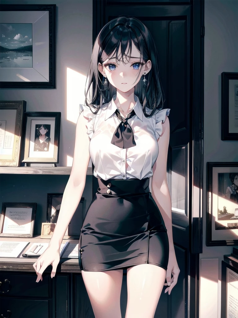 absurdres, RAW photo, extremely delicate and beautiful, masterpiece, Best Quality, ultra high resolution, 32k, hyperrealistic, ultra-detailed, in her 20s, delicate facial features, tearful mole, earring, medium breasts, full body shot, shorter middle black hair, short pencil skirt, button up shirt, black shirt, sleeveless,