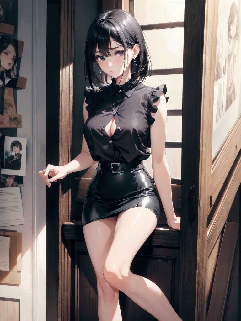 absurdres, RAW photo, extremely delicate and beautiful, masterpiece, Best Quality, ultra high resolution, 32k, hyperrealistic, ultra-detailed, in her 20s, delicate facial features, tearful mole, earring, medium breasts, full body shot, shorter middle black hair, short pencil skirt, button up shirt, black shirt, sleeveless,