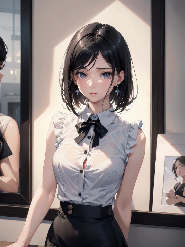 absurdres, RAW photo, extremely delicate and beautiful, masterpiece, Best Quality, ultra high resolution, 32k, hyperrealistic, ultra-detailed, in her 20s, delicate facial features, tearful mole, earring, medium breasts, full body shot, shorter middle black hair, short pencil skirt, button up shirt, black shirt, sleeveless,
