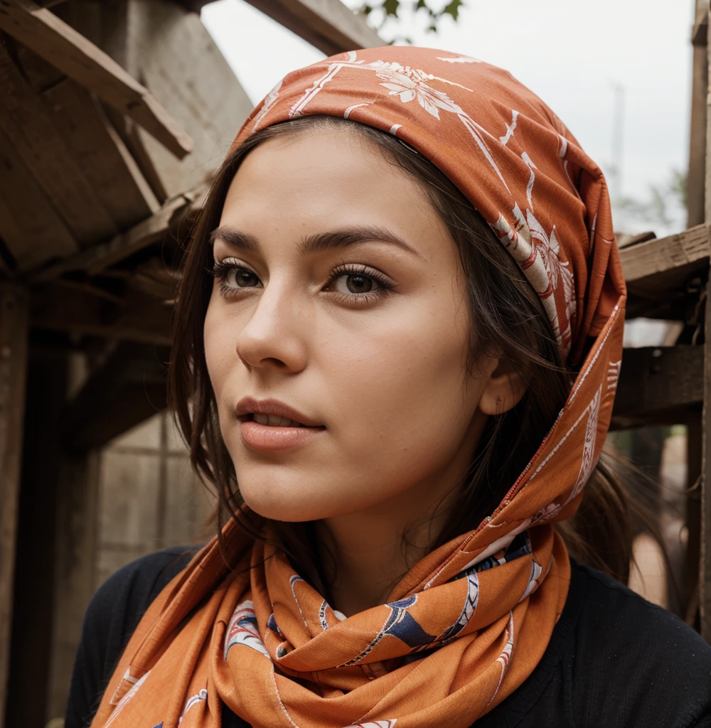 Red patterned bandana correctly wrapped around head and through hair