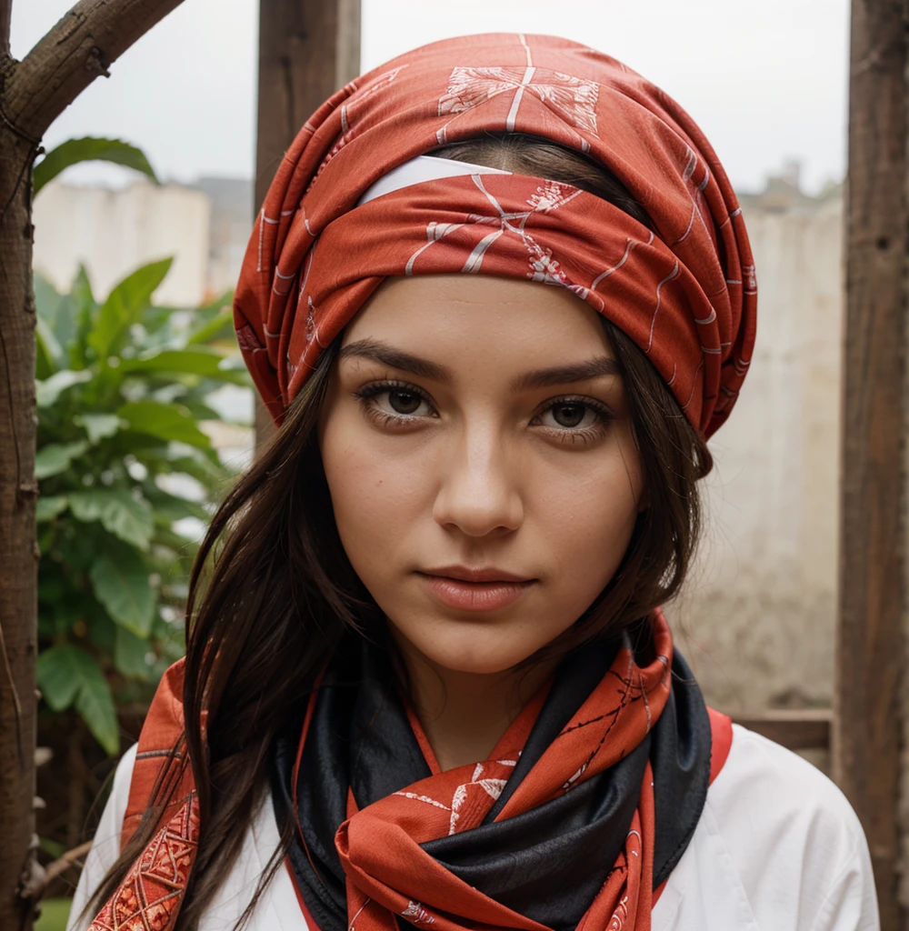 Red patterned bandana correctly wrapped around head and through hair