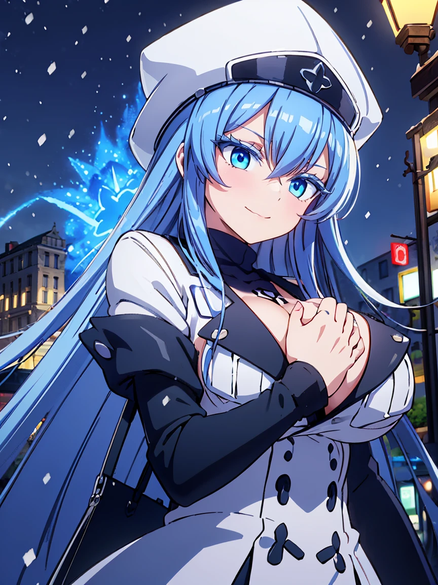 (artwork, best quality) a girl with long blue hair, blue eyes, blue eyelashes, tattoo, big breasts, white sweatshirt with a fluffy hat, (front facing camera), upset, smiling evilly, on a street in Russia, snowing heavily, at night
