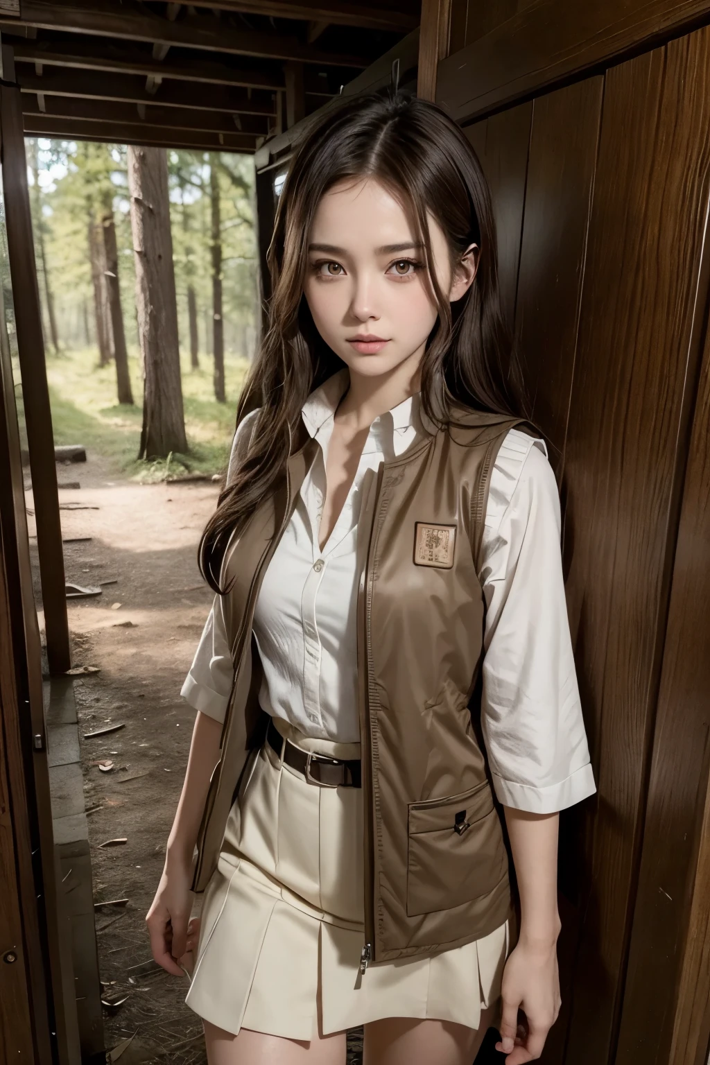 White girl with very short dark brown hair and honey brown eyes, walking in forest, vest in haori and long hair, damon slayer style, Kimetsu no Yaiba, with kanata kept in a stall while she walks