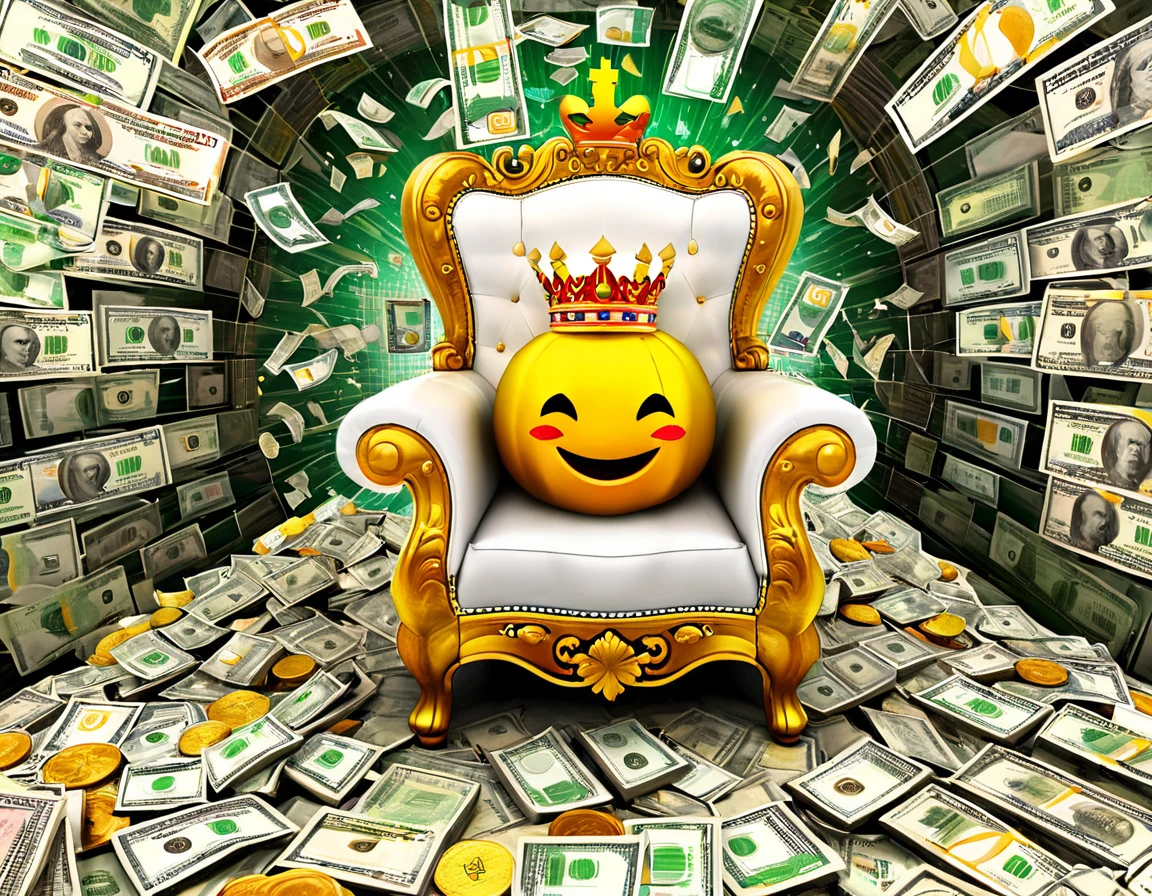 [Crown emoji] Envision an opulent throne made entirely of various global currencies, surrounded by a mesmerizing display of financial symbols. The scene should exude extravagance and dominance, highlighting the allure of wealth. Focus on realistic rendering to bring out the intricate details of banknotes and coins. The resolution should be 8K, ensuring that viewers can appreciate the richness of the composition.