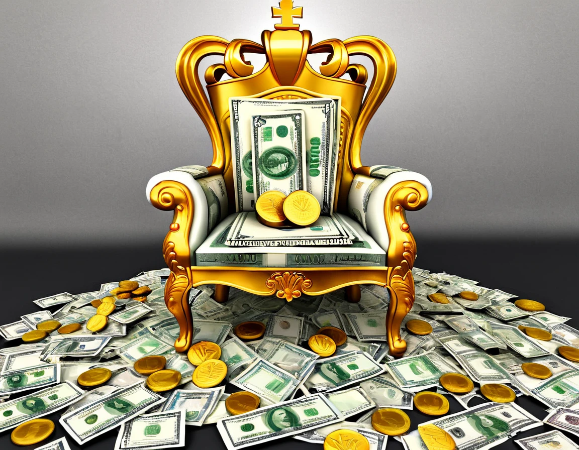 [Crown emoji] Envision an opulent throne made entirely of various global currencies, surrounded by a mesmerizing display of financial symbols. The scene should exude extravagance and dominance, highlighting the allure of wealth. Focus on realistic rendering to bring out the intricate details of banknotes and coins. The resolution should be 8K, ensuring that viewers can appreciate the richness of the composition.