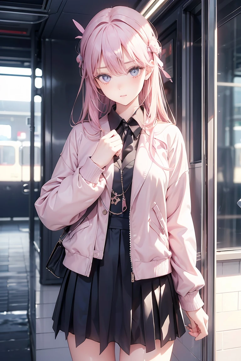 ((1 Girl)), in the train, Snickering, blush, Latest Fashion Trends, Street fashion,Jacket, Open chest,Cool look, Fashionable skirts,Relaxed pose,Cowboy Shot,((Very detailed,Highest quality, High resolution, 8k wallpaper, Beautiful clothes,)),((Pink Hair, Long Hair,Straight hair, hair accessory)), (Green Eyes),eye shadow, eyeliner,Glowing Eyes, Very detailedな目, Complex eyes, Beautiful Eyes, 18-year-old girl.