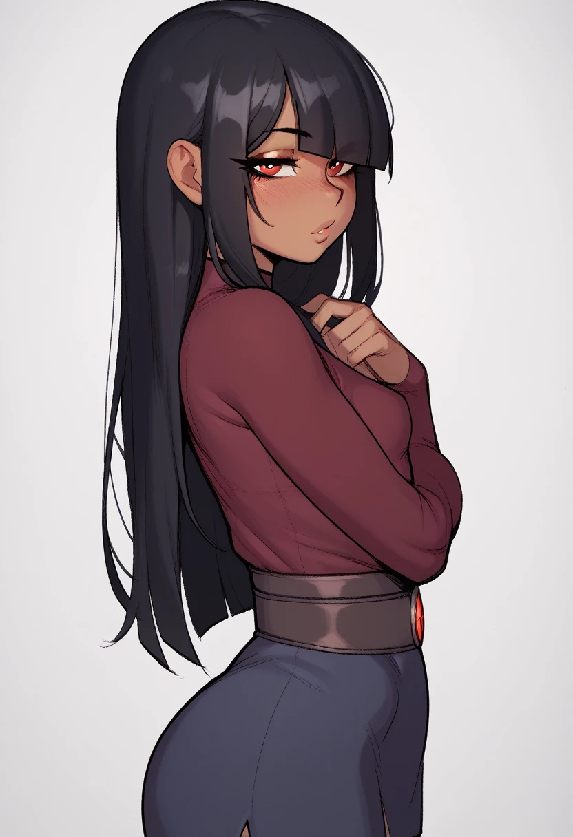 score_9, score_8_up, score_7_up, score_6_up, score_5_up, score_4_up, BREAK 1girl, black hair, tanned, loose hair, swept bangs, red eyes, long eyelashes, seductive expression, blunt bangs, short, BREAK solo, small breasts, skinny, arched back, thigh gap, wizard outfit, innocent, lovely, adorable, long hair, hair covering one eye, dark mage, fully clothed