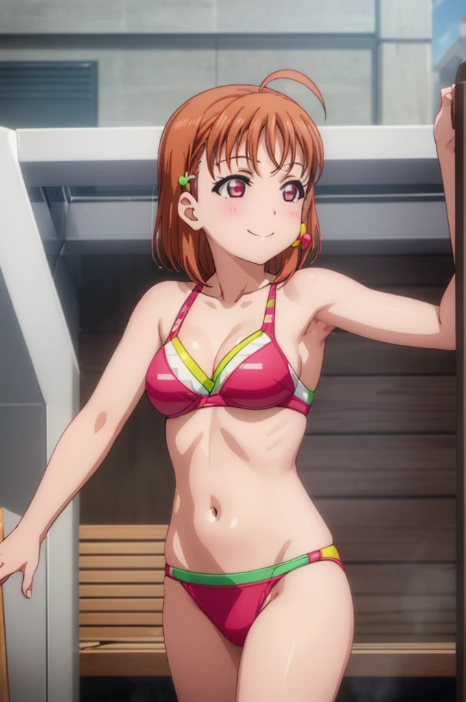 (((pixel-perfect, detail-perfect))), solo, 1girl, chika takami, smile, sauna, bikini, armpit, medium filesize, ultra High Qality