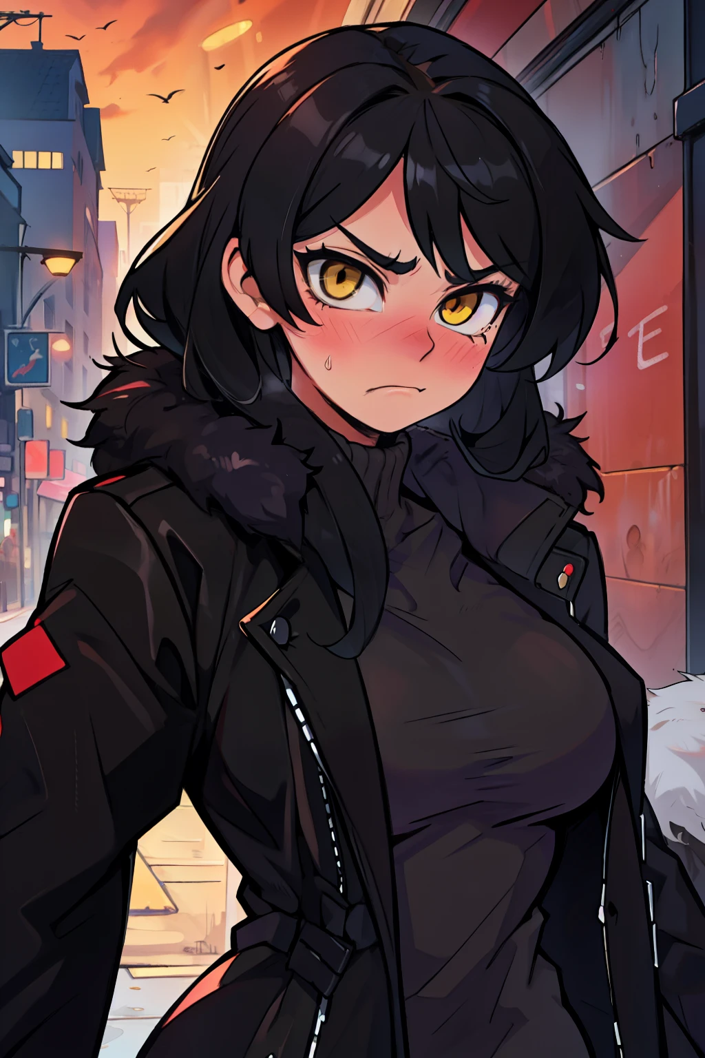 sad girl muscular girl large breasts yellow eyes black hair fur coat fur coat fur coat fur coat fur coat fur coat fur coat frown blush
