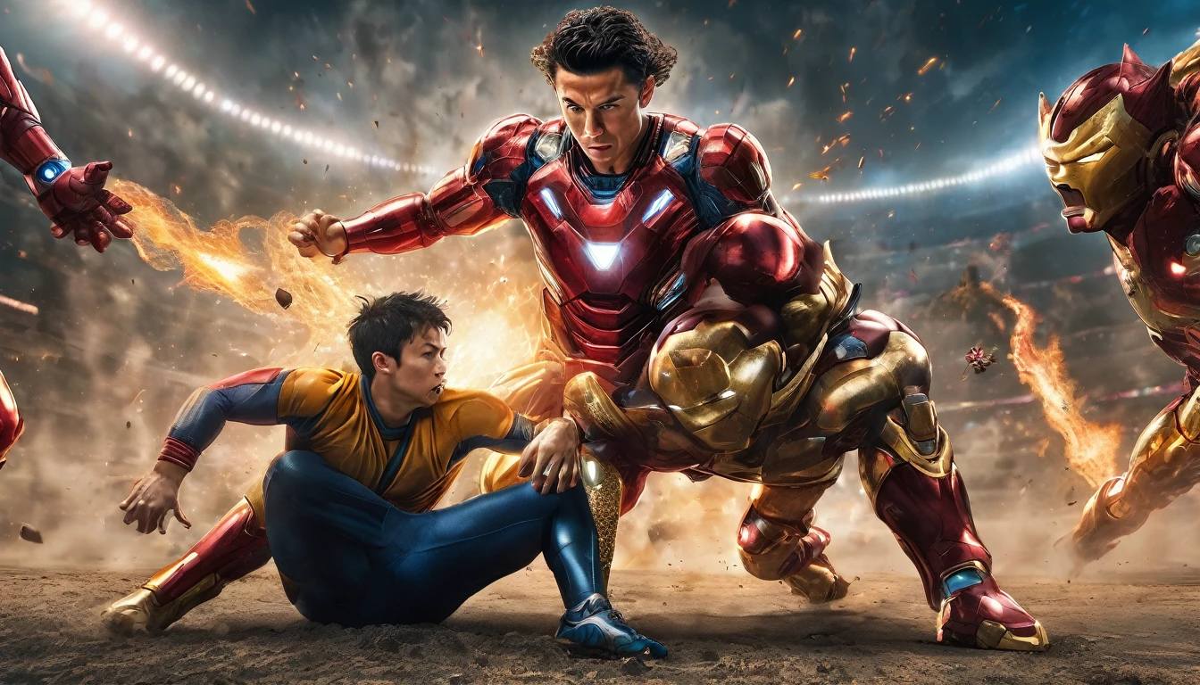 Cristiano Ronaldo fighting against Son Goku in Midlearth, Ironman sitting with Black Widow, highly detailed, cinematic lighting, dramatic action pose, muscular figures, epic fantasy landscape, photorealistic, 8k, award winning digital art