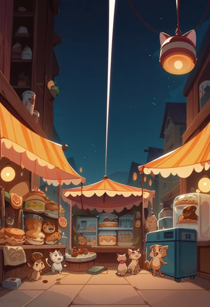 cartoon illustration of a lawn with people, children, cat and a dog in three one tents, background art, Background a cozy garden, background artwork, anime background art, food and drink stalls, just a joke, lo-fi illustration style, detailed 2D illustration, lofi art, a beautiful art illustration, stylized concept art, illustration concept art, por Ryan Yee, fantasy bakery