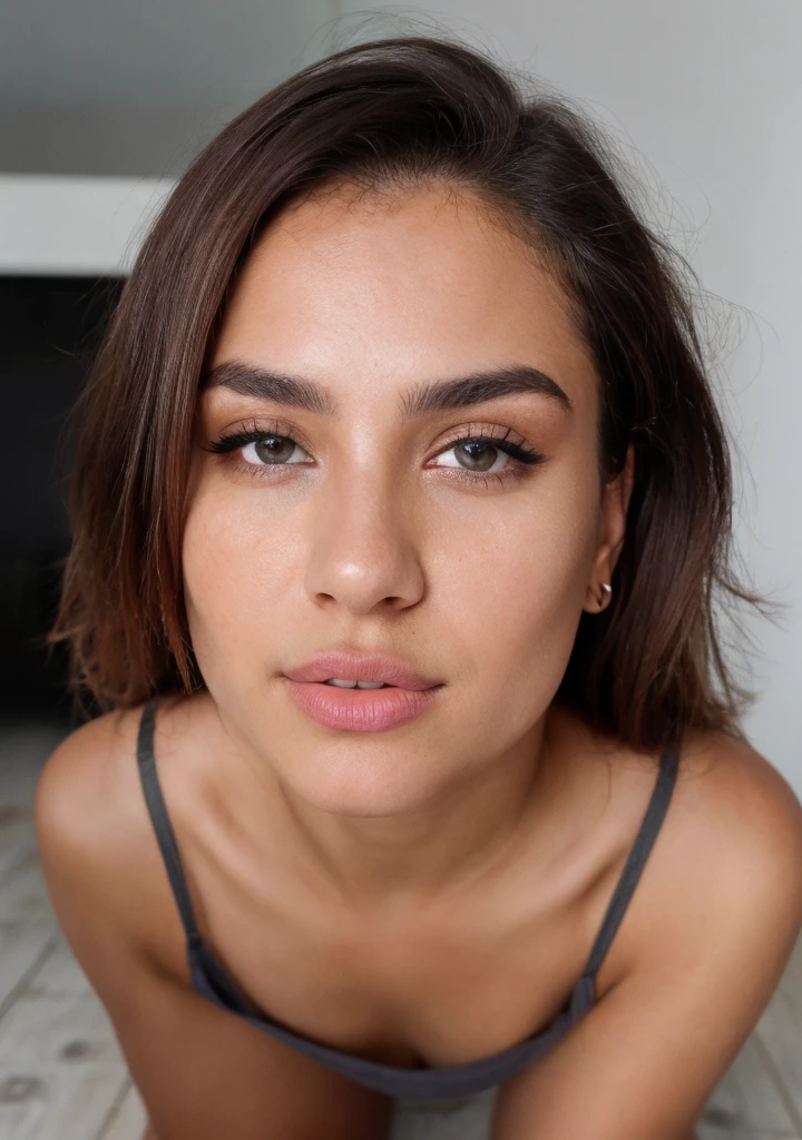 masterpiece, best quality, ultra-detailed, ultra high res, (photorealistic:1.4), raw photo, (realistic:0.2), 8k HDR, realistic lighting, 1girl, solo,no looking camera, asymmetrical hair, (detailed oily skin), black eyes, (detailed face), (simple gray background :1.1), (full body:1.3),showback,hair on back,,xxmix_girl natural alta resolución:1.3,1 chica con un cuerpo perfecto,Cara y ojos súper finos.,pelo largo,without clothes,, falda corta, tetas grandes,exponer traero,,nude,pose sensual,mirando al suelo,in a thong sitting on the floor, con un pene de goma violeta entre los labios haciendo cara pervertida